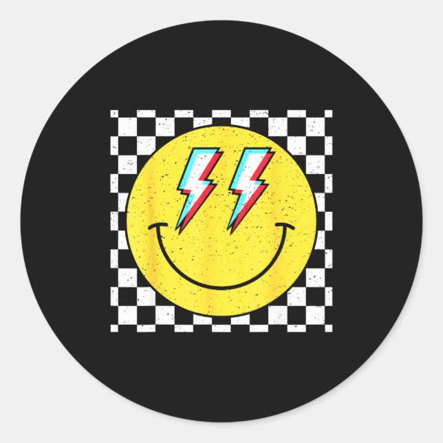Retro Smile Face Checkered Pattern Preppy Happy Fa Classic Round Sticker (Front)