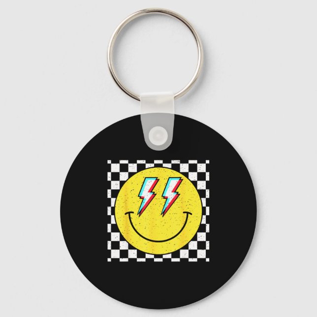 Retro Smile Face Checkered Pattern Preppy Happy Fa Keychain (Front)
