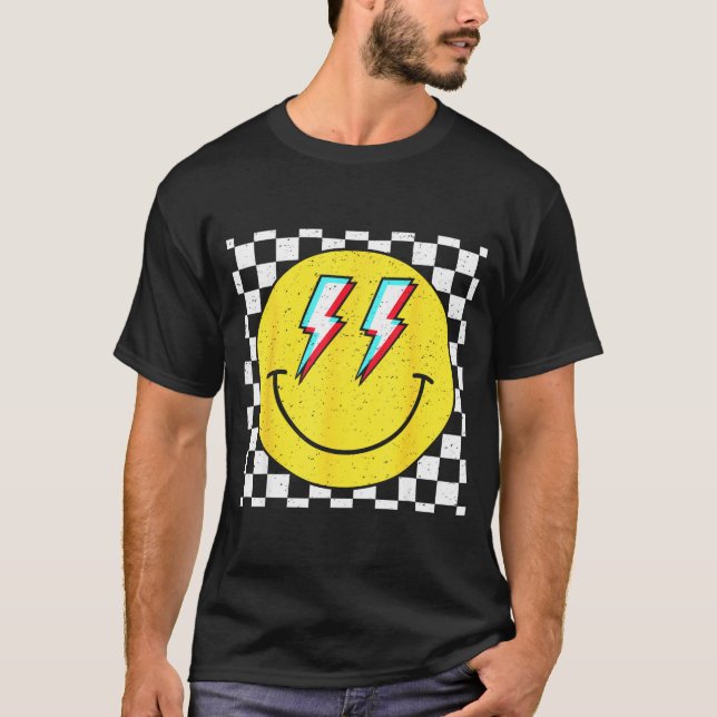 Retro Smile Face Checkered Pattern Preppy Happy Fa T-Shirt (Front)