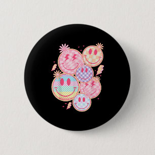 Retro Smile Face Flower Happy Face Checkered Patte Button