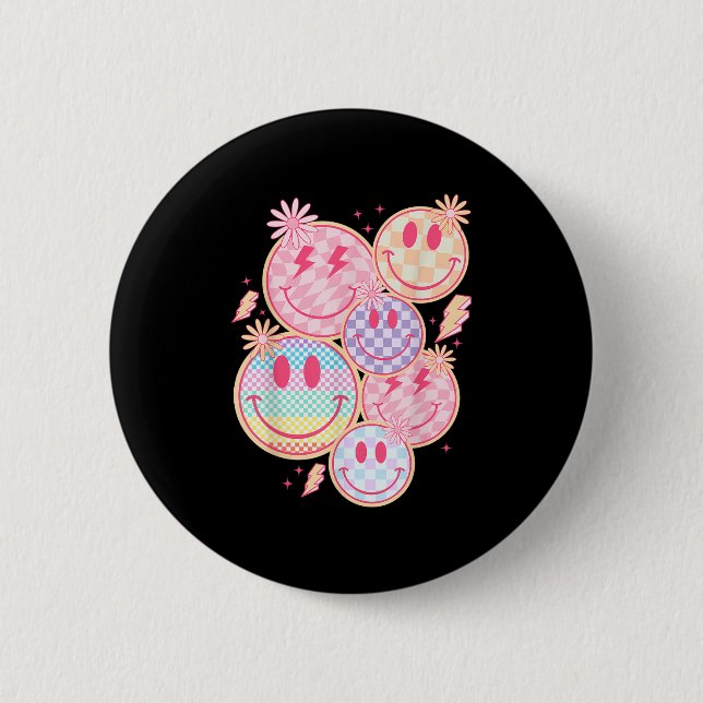 Retro Smile Face Flower Happy Face Checkered Patte Button (Front)