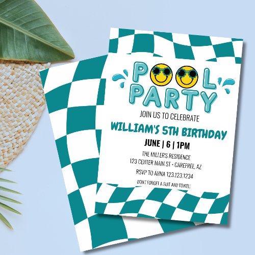   RETRO SMILE FACE POOL PARTY BIRTHDAY  INVITATION