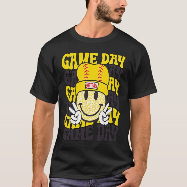 Retro Smile Face Softball Game Day Vibes Softball  T-Shirt (Front)