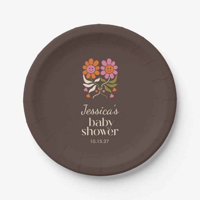 Retro Smile Flowers Personalized Baby Shower Brown Paper Plates (Front)