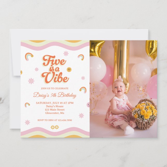 Retro Smiles Five is A Vibe 5th Birthday Photo Invitation (Front)
