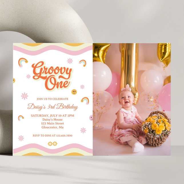 Retro Smiles Groovy One First Birthday Photo Invitation (Creator Uploaded)