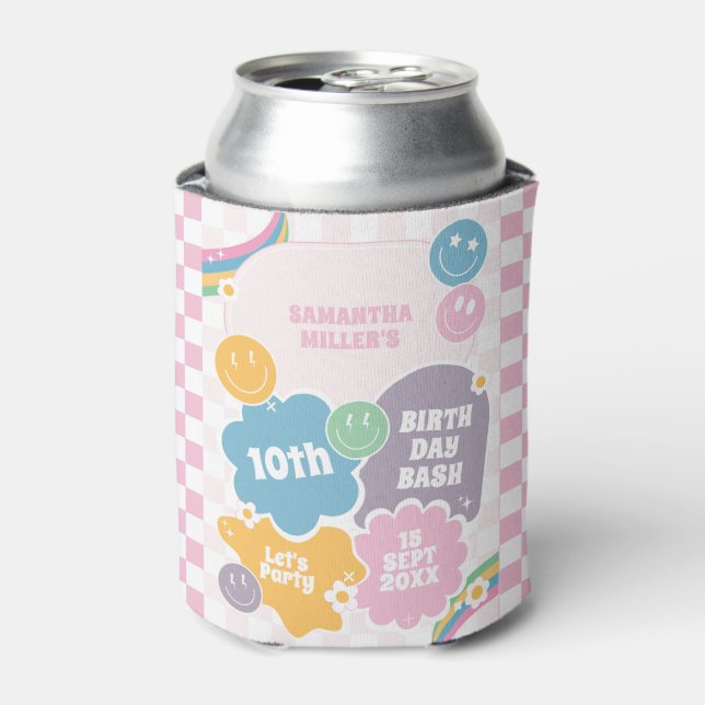 Retro Smiles Pastel Groovy Birthday  Can Cooler (Can Front)