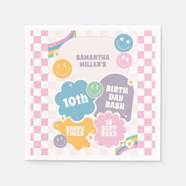Retro Smiles Pastel Groovy Birthday  Napkins (Front)