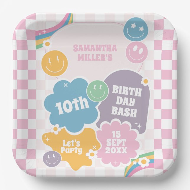 Retro Smiles Pastel Groovy Birthday  Paper Plates (Front)