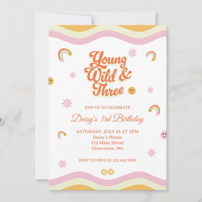 Retro Smiles Young Wild and Three Birthday Invitation (Front)