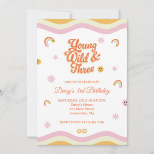 Retro Smiles Young Wild and Three Birthday Invitation