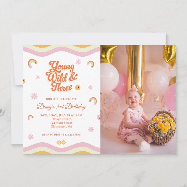 Retro Smiles Young Wild and Three Birthday Photo Invitation (Front)