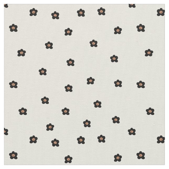 Retro Smiling Flower Pattern in Black and Cream Fabric (Close Up)