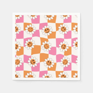 Retro Smiling flowers on warped checkerboards Napkins
