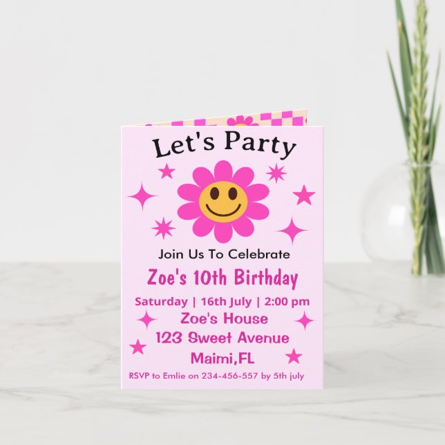 Retro Smiling Pink Flower Checkered Girl Birthday  Invitation (Front)
