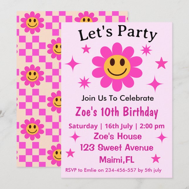 Retro Smiling Pink Flower Checkered Girl Birthday  Invitation (Front/Back)