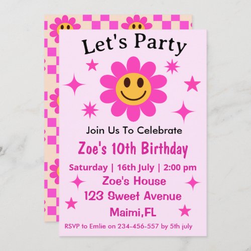 Retro Smiling Pink Flower Checkered Girl Birthday  Invitation