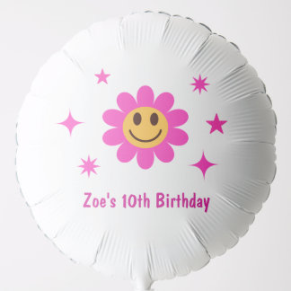 Retro Smiling Pink Flower Girl Birthday Balloon