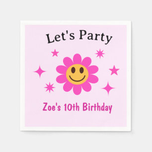Retro Smiling Pink Flower Girl Birthday Napkins