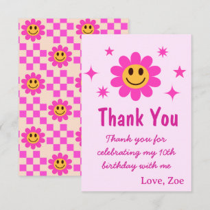 Retro Smiling Pink Flower Girl Birthday  Thank You Card