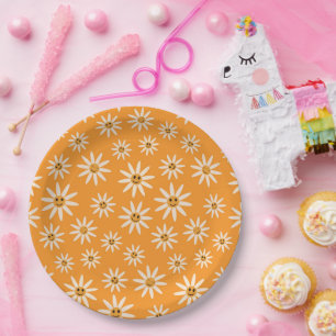 Retro Smiling white Flowers Pattern Paper Plates