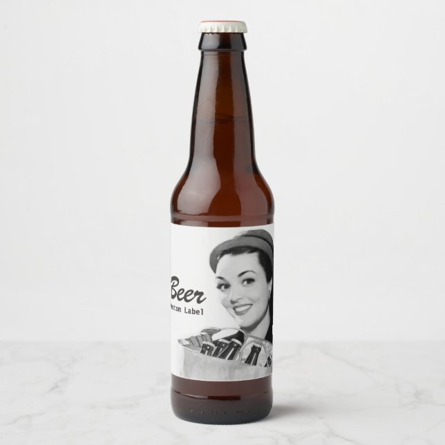 Retro Smiling Woman 1950's Holding Bag of Beer Bottle Label (Front)