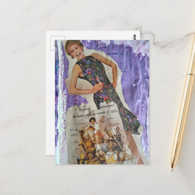 Retro smoking woman remembers housework collage postcard (Front/Back In Situ)
