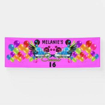 Retro Sneakers Swirls Balloons Sweet 16 Add Name Banner by StarStruckDezigns at Zazzle