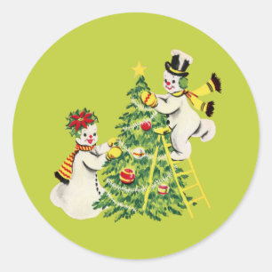 Retro Snow Couple Decorate Christmas Tree Classic Round Sticker