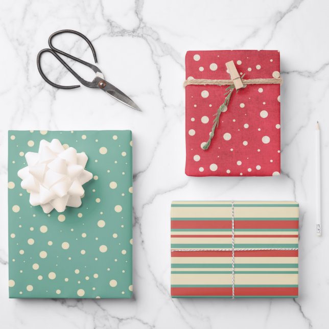 Retro Snow Flurries & Stripes Wrapping Paper Sheets (Front)