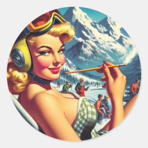 Retro Snowboard Girl Classic Round Sticker
