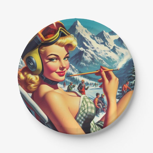Retro Snowboard Girl Paper Plates (Front)