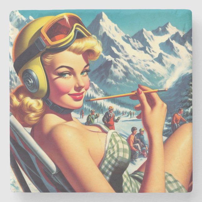 Retro Snowboard Girl Stone Coaster (Front)