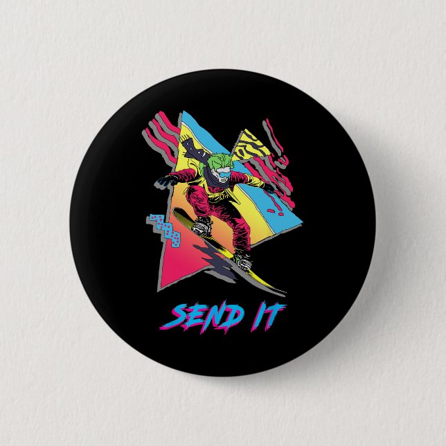 Retro Snowboarding Adventure Graphic Send It  Button (Front)
