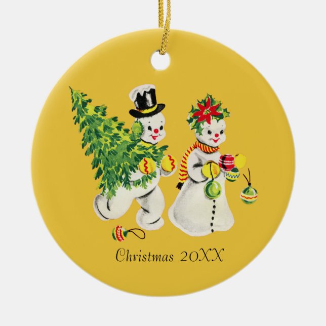 Retro Snowcouple Ceramic Ornament (Front)