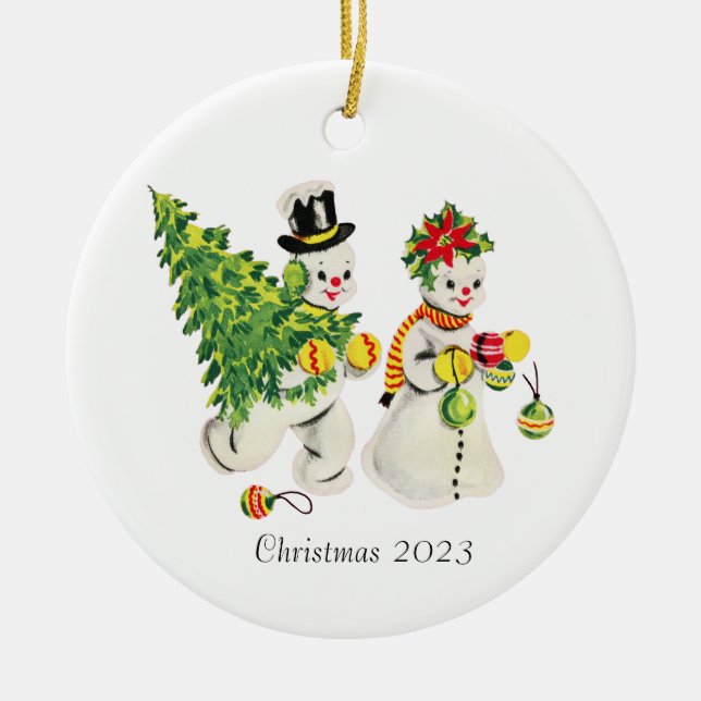 Retro Snowcouple Christmas 2023 Ceramic Ornament (Front)