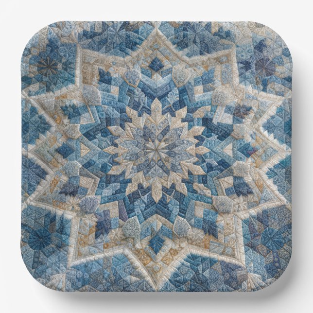 Retro Snowflake Kaleidoscope Quilt  Paper Plates (Front)
