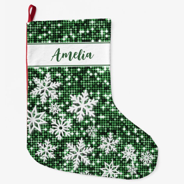 Retro Snowflakes Green Christmas Personalized Large Christmas Stocking (Front)