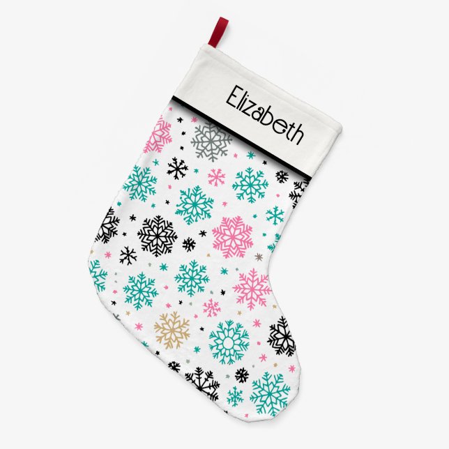 Retro Snowflakes Large Christmas Stocking (Front (Hanging))