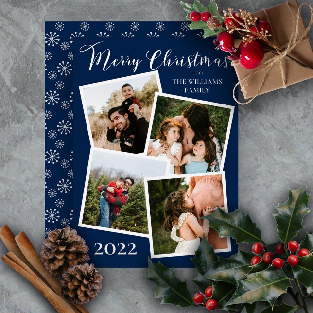 Retro Snowflakes Merry Christmas 4 Photo Dk Blue F Foil Holiday Card (Creator Uploaded)