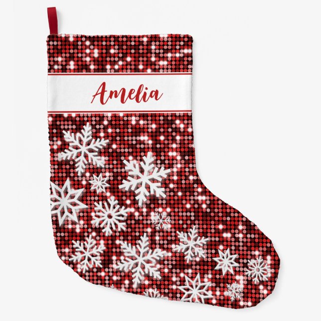 Retro Snowflakes Red Christmas Personalized Large Christmas Stocking (Front)