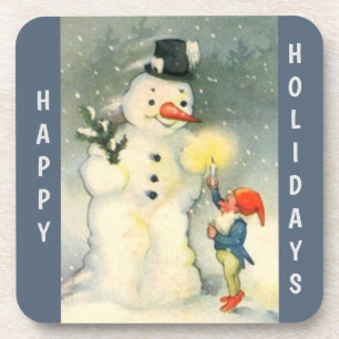 Retro Snowman and Elf Christmas Beverage Coaster