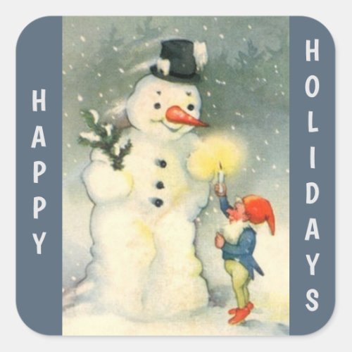 Retro Snowman and Elf Christmas Square Sticker