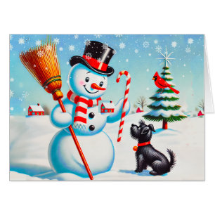 Retro Snowman, Cute Dog, Red Cardinal And Trees Card