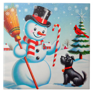 Retro Snowman, Cute Dog, Red Cardinal And Trees Ceramic Tile