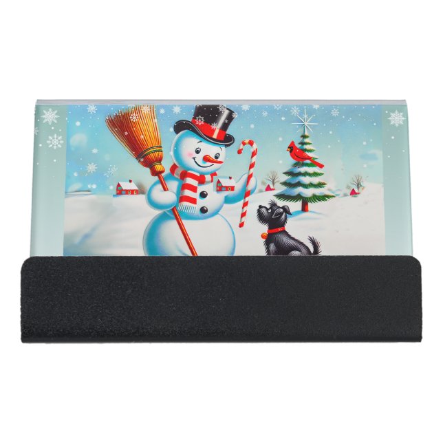 Retro Snowman, Cute Dog, Red Cardinal And Trees Desk Business Card Holder (Front)