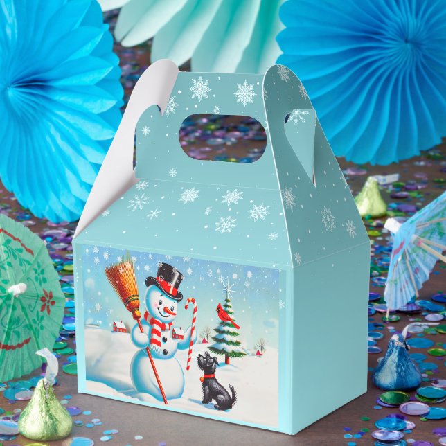 Retro Snowman, Cute Dog, Red Cardinal And Trees Favor Boxes (Party)