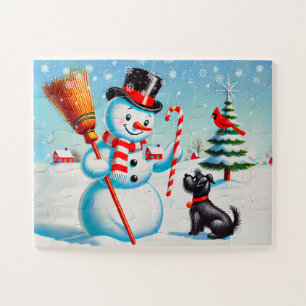 Retro Snowman, Cute Dog, Red Cardinal And Trees Jigsaw Puzzle