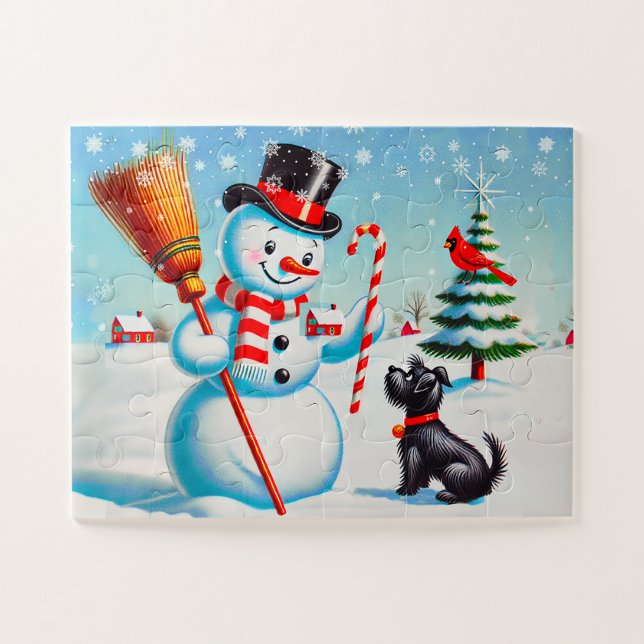 Retro Snowman, Cute Dog, Red Cardinal And Trees Jigsaw Puzzle (Horizontal)