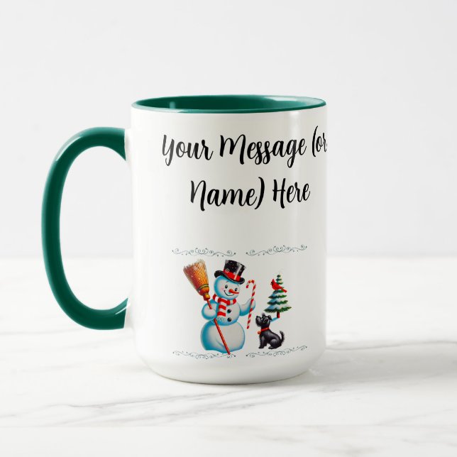 Retro Snowman, Cute Dog, Red Cardinal And Trees Mug (Left)